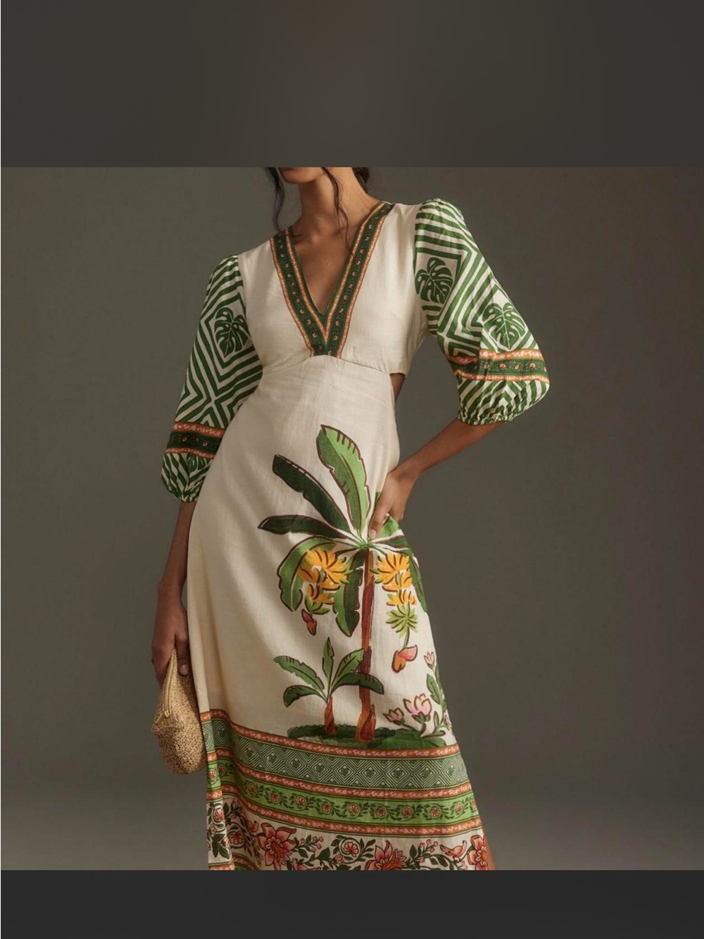 FARM Rio White Maxi Dress with Green Tropical Print